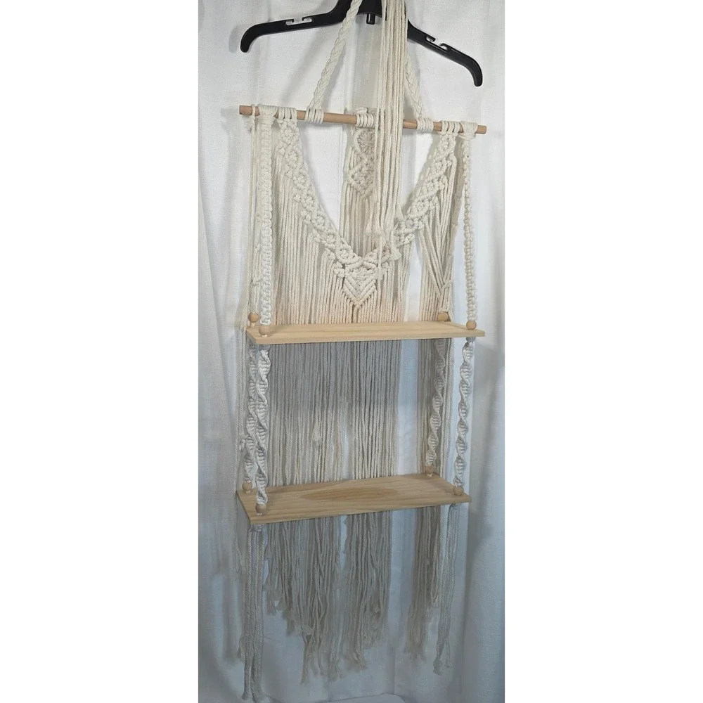 Boho Macrame Wall Hanging Shelf 2 Tier Wood Floating Plant Hanger Cream Cotton